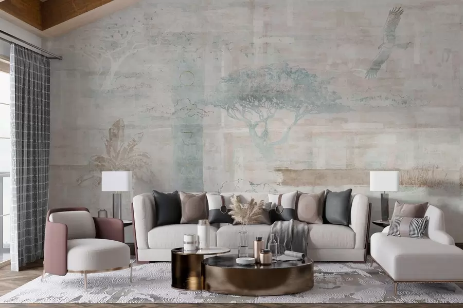 murales de pared Diseño de efecto grunge vintage con árboles, águila y elementos geométricos w02130