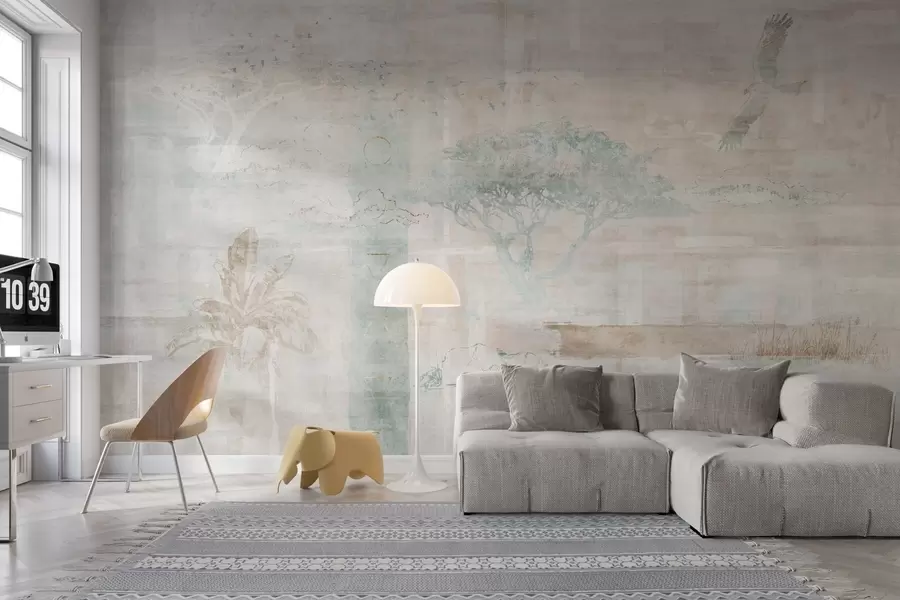 murales de pared Diseño de efecto grunge vintage con árboles, águila y elementos geométricos w02130