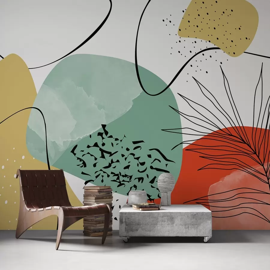 murales de pared Abstracción geométrica de manchas y líneas azul, rojo, amarillo w02168v1