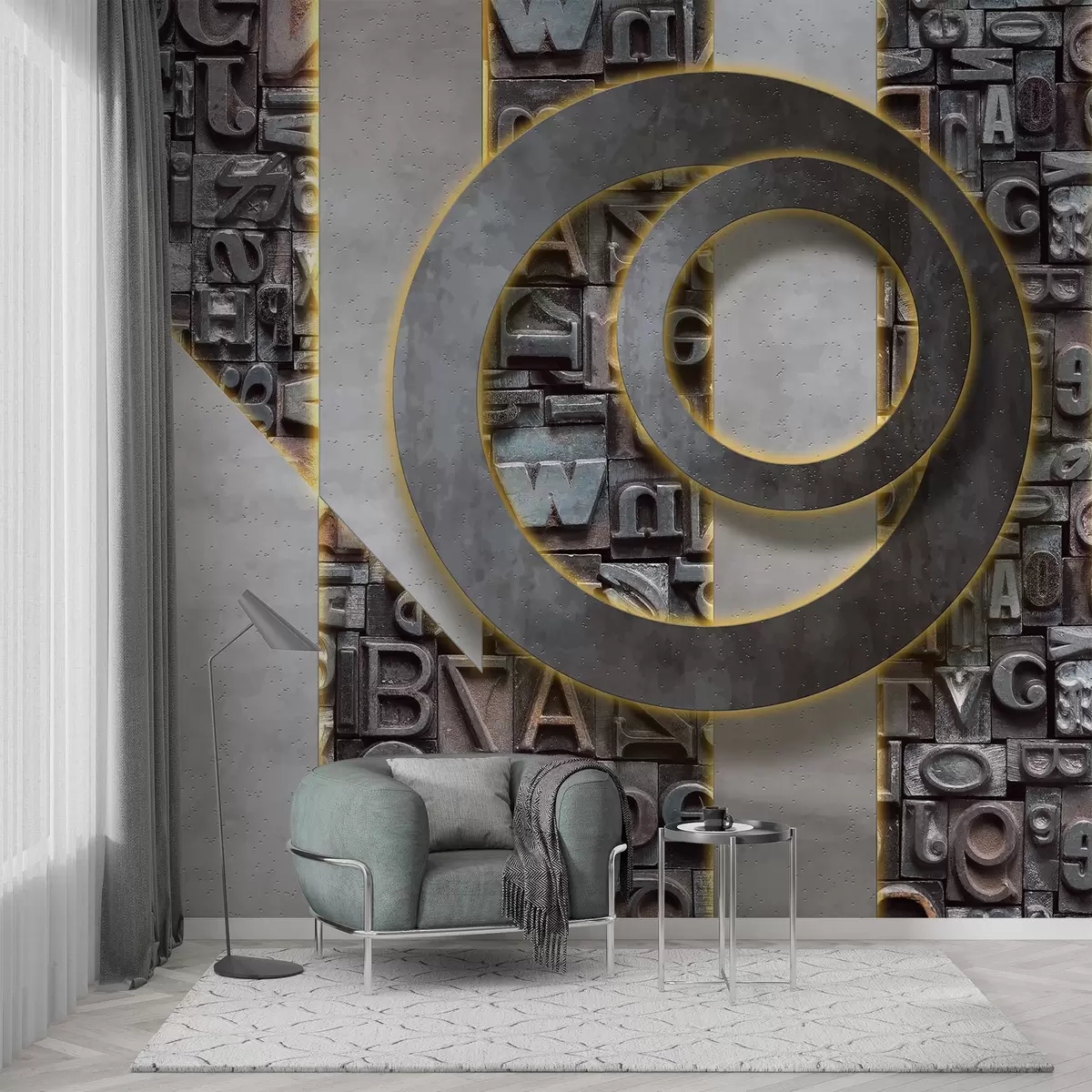 murales de pared Papel pintado moderno estilo loft con imitación de letras tridimensionales, hormigón y retroiluminación w02125