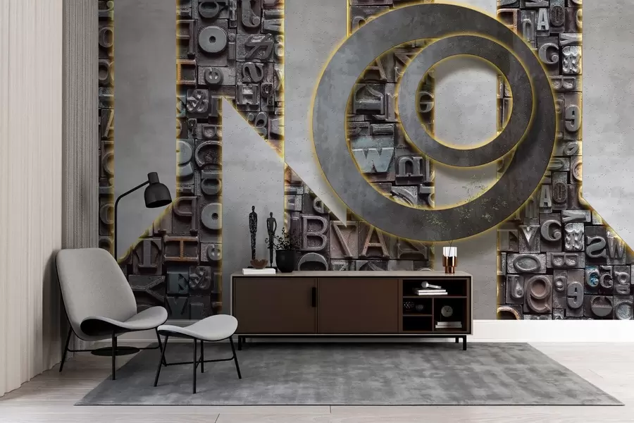 murales de pared Papel pintado moderno estilo loft con imitación de letras tridimensionales, hormigón y retroiluminación w02125