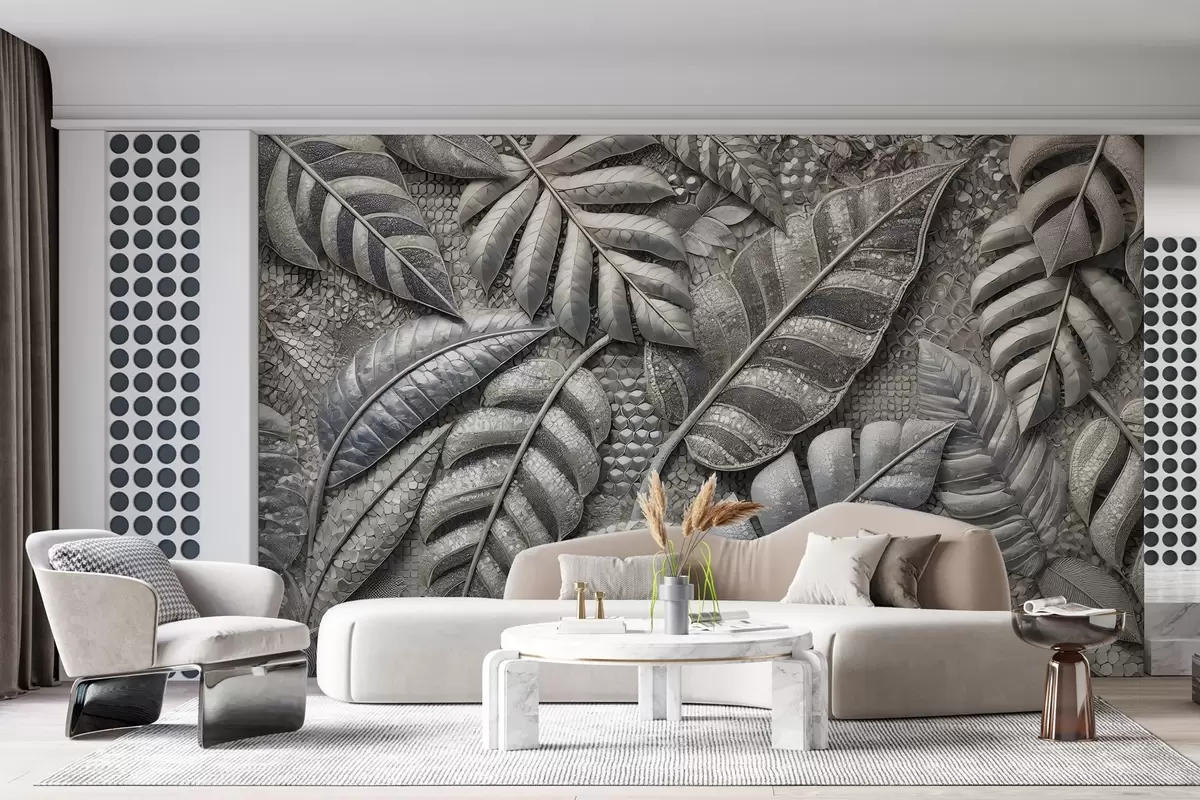 murales de pared Grandes hojas tropicales en delicados tonos plateados, en estilo mosaico texturizado w02135