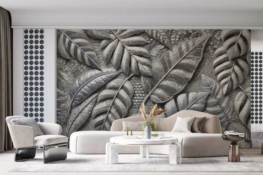 murales de pared Grandes hojas tropicales en delicados tonos plateados, en estilo mosaico texturizado w02135