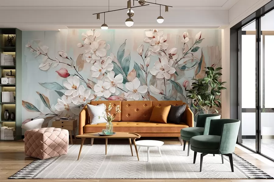 murales de pared Floral de delicadas flores blancas con centros rosas, rodeadas de exuberantes hojas y ramas verdes w08399