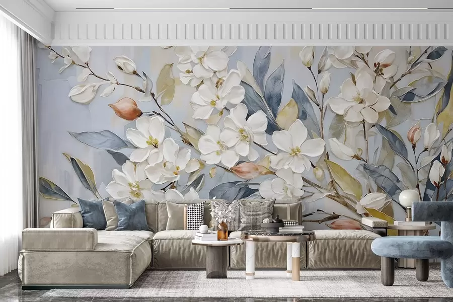 murales de pared Floral de delicadas flores blancas con centros amarillos, rodeadas de exuberantes hojas y ramas verdes w08399v1