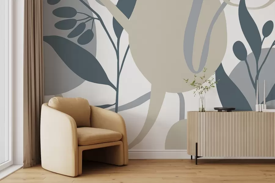 murales de pared Un estampado floral abstracto minimalista con formas beige y grises sobre fondo blanco w08400