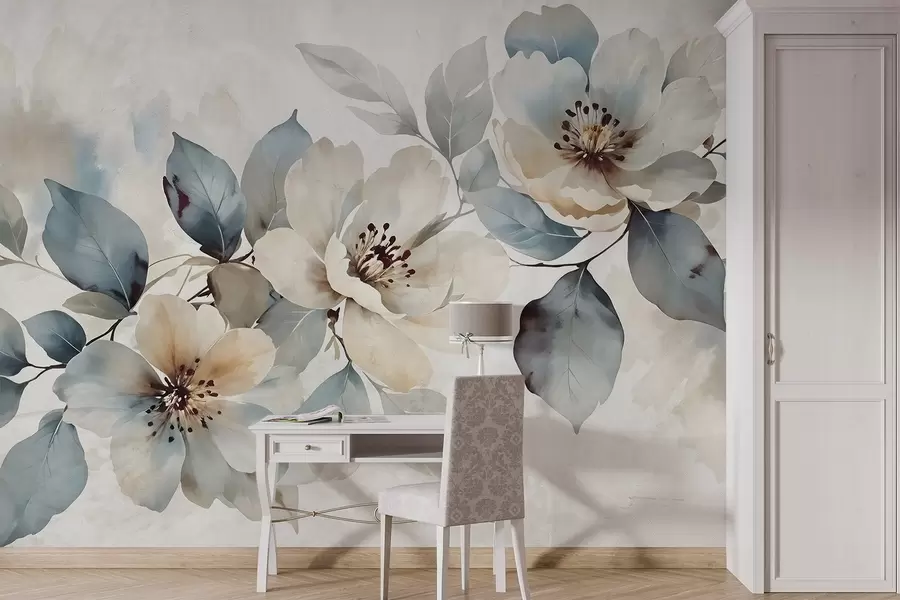murales de pared Delicado arreglo floral blanco y azul con textura de acuarela, con suaves pétalos y centros w08401