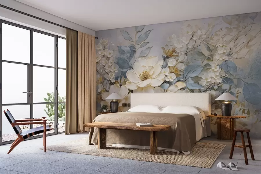 murales de pared Grandes flores blancas y amarillo pálido con hojas gris verdosas sobre un fondo suave y difuminado w08404