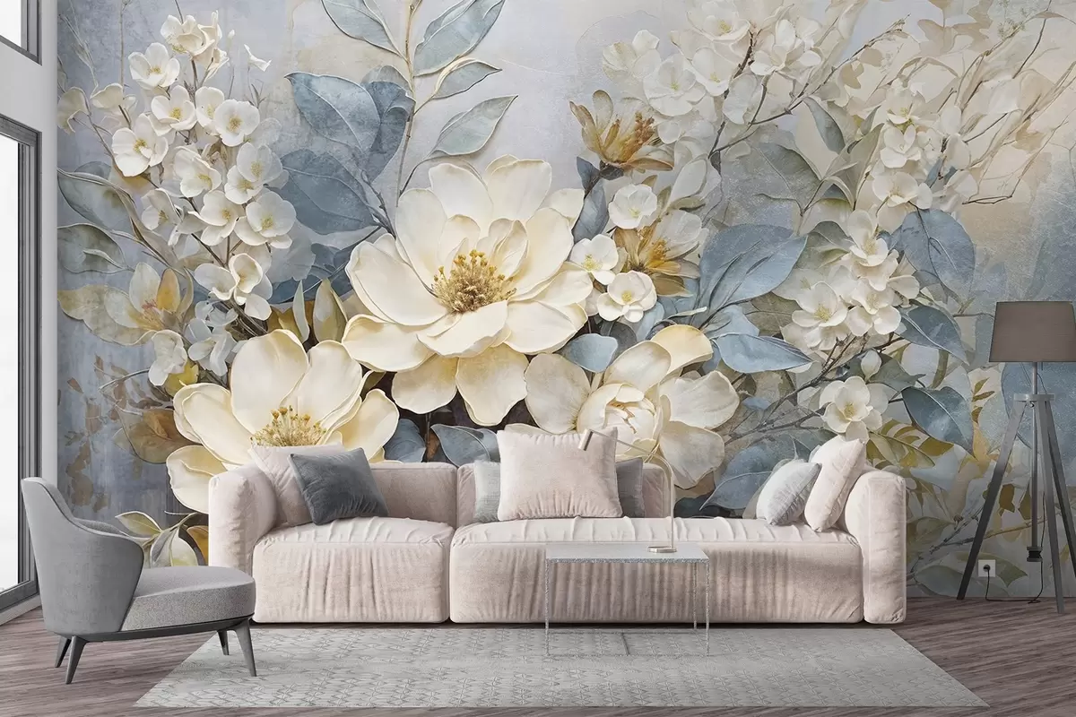 murales de pared Grandes flores blancas y amarillo pálido con hojas gris verdosas sobre un fondo suave y difuminado w08404