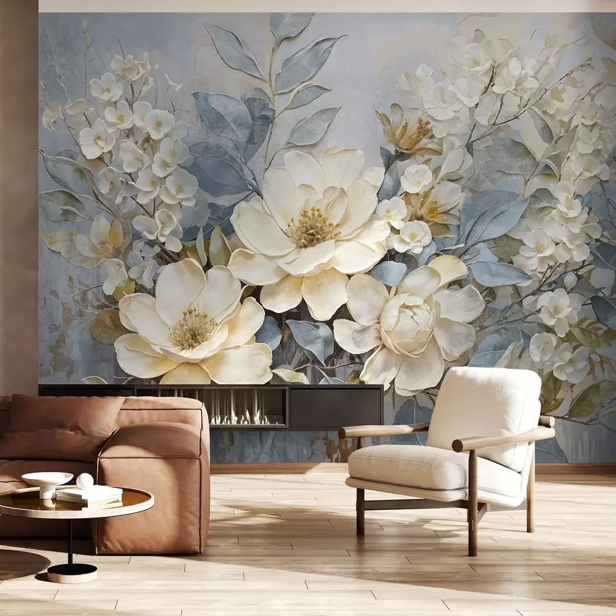 murales de pared Grandes flores blancas y amarillo pálido con hojas gris verdosas sobre un fondo suave y difuminado w08404