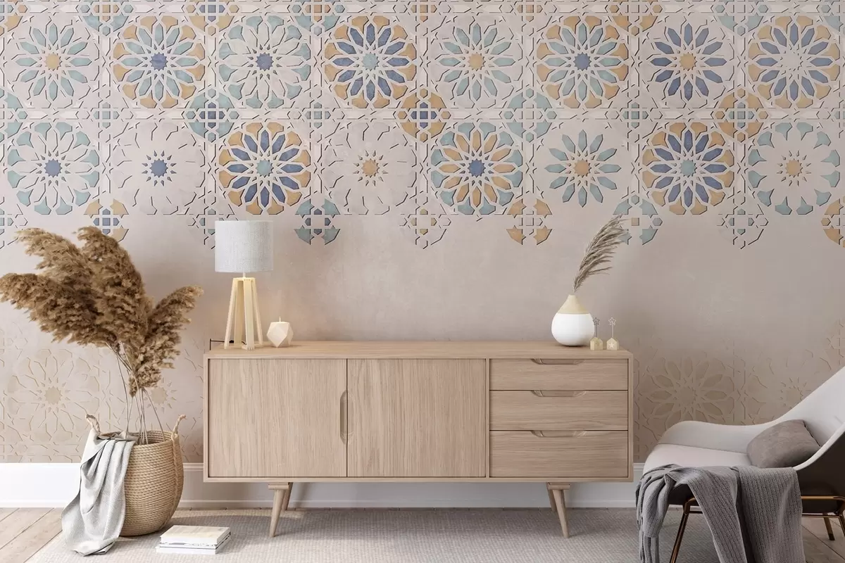 murales de pared Una pared texturizada con un estampado repetido de diseños intrincados y ornamentados en tonos azules, grises y beige w08407