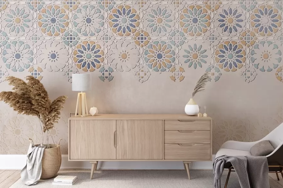 murales de pared Una pared texturizada con un estampado repetido de diseños intrincados y ornamentados en tonos azules, grises y beige w08407