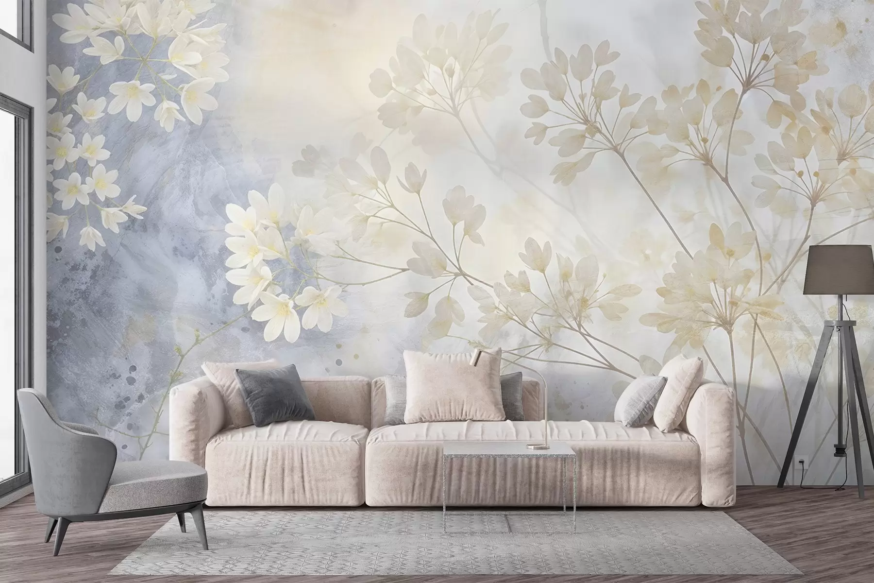 murales de pared Delicado estampado abstracto en tonos pastel de flores blancas sobre fondo difuminado, suave y etéreo w08408