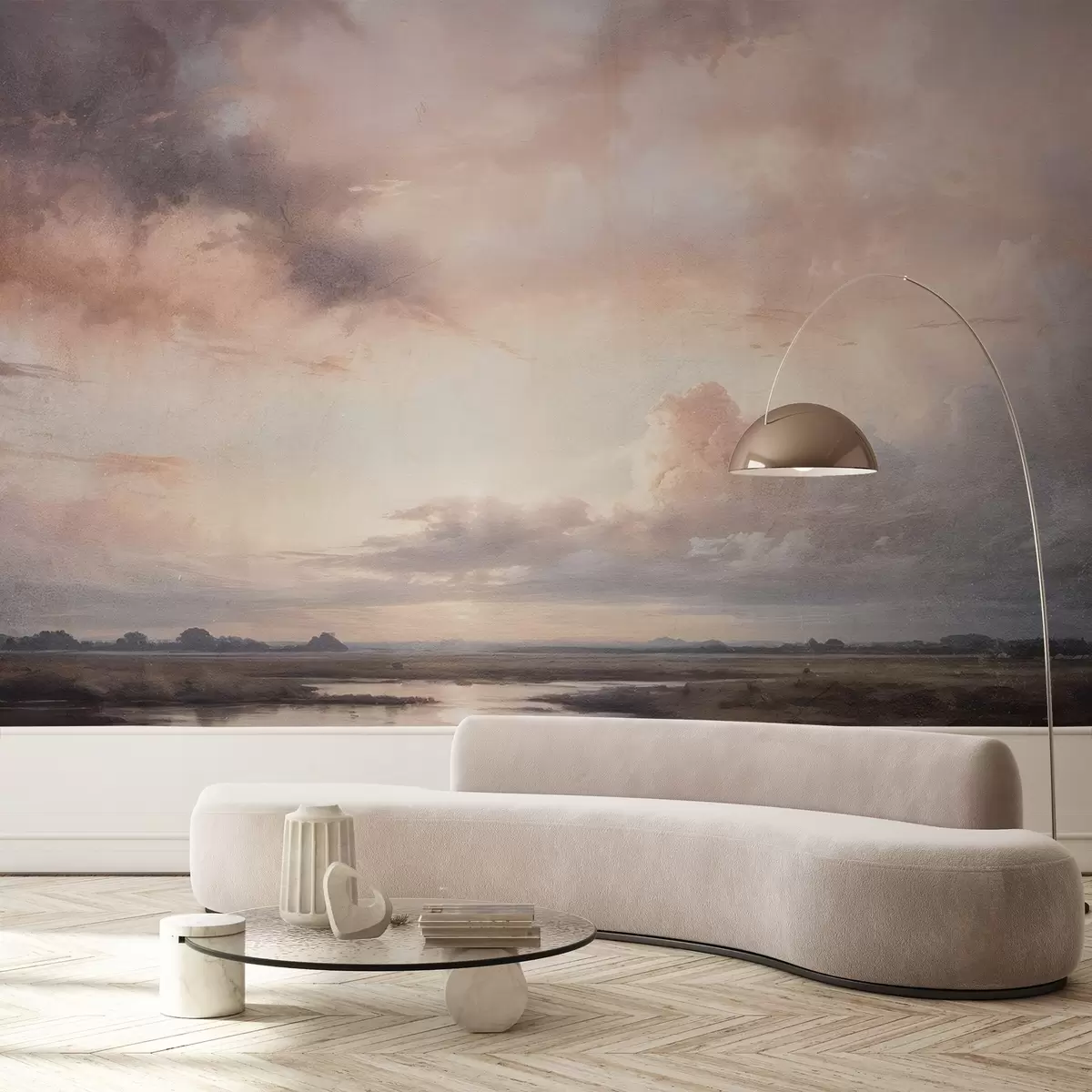 murales de pared Impresión con textura de paisaje dramático de cielo nublado sobre un tranquilo lago al atardecer, con colinas visibles en la distancia. w08409