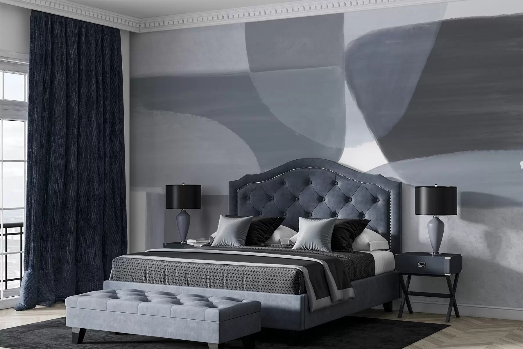 murales de pared Un estampado abstracto monocromo con formas minimalistas superpuestas en tonos grises y azules. w08410