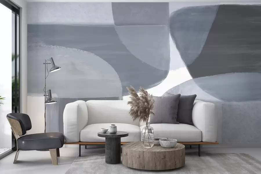 murales de pared Un estampado abstracto monocromo con formas minimalistas superpuestas en tonos grises y azules. w08410
