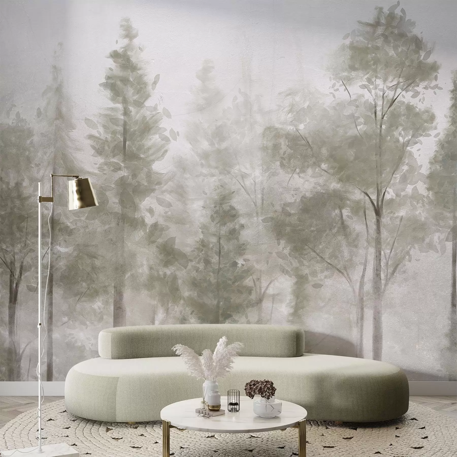 murales de pared Altos pinos texturizados en un bosque brumoso, con una atmósfera neblinosa y brumosa w08411