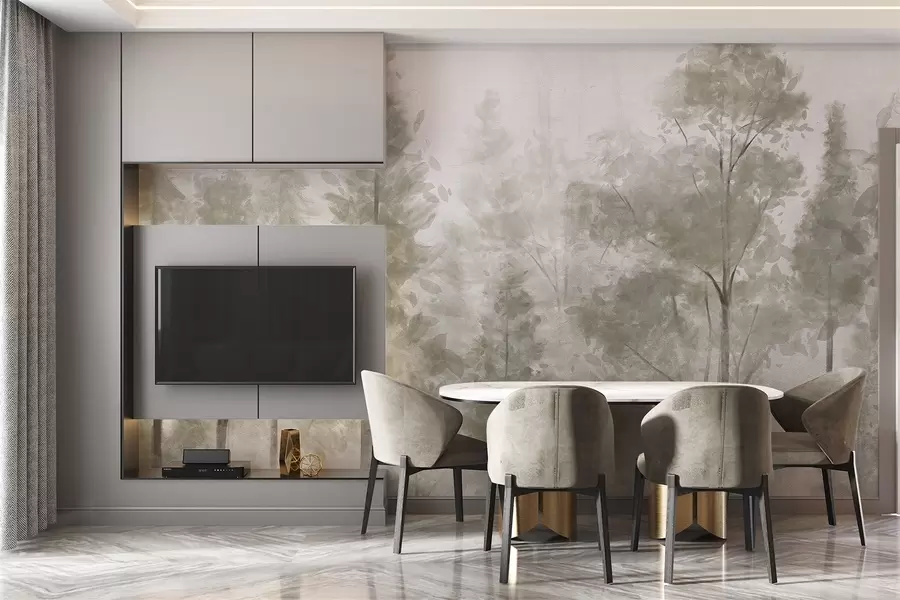 murales de pared Altos pinos texturizados en un bosque brumoso, con una atmósfera neblinosa y brumosa w08411