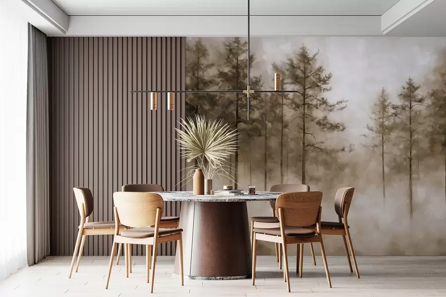 murales de pared Bosque místico, pinos, niebla, pintura acrílica, colores beige w02149v1