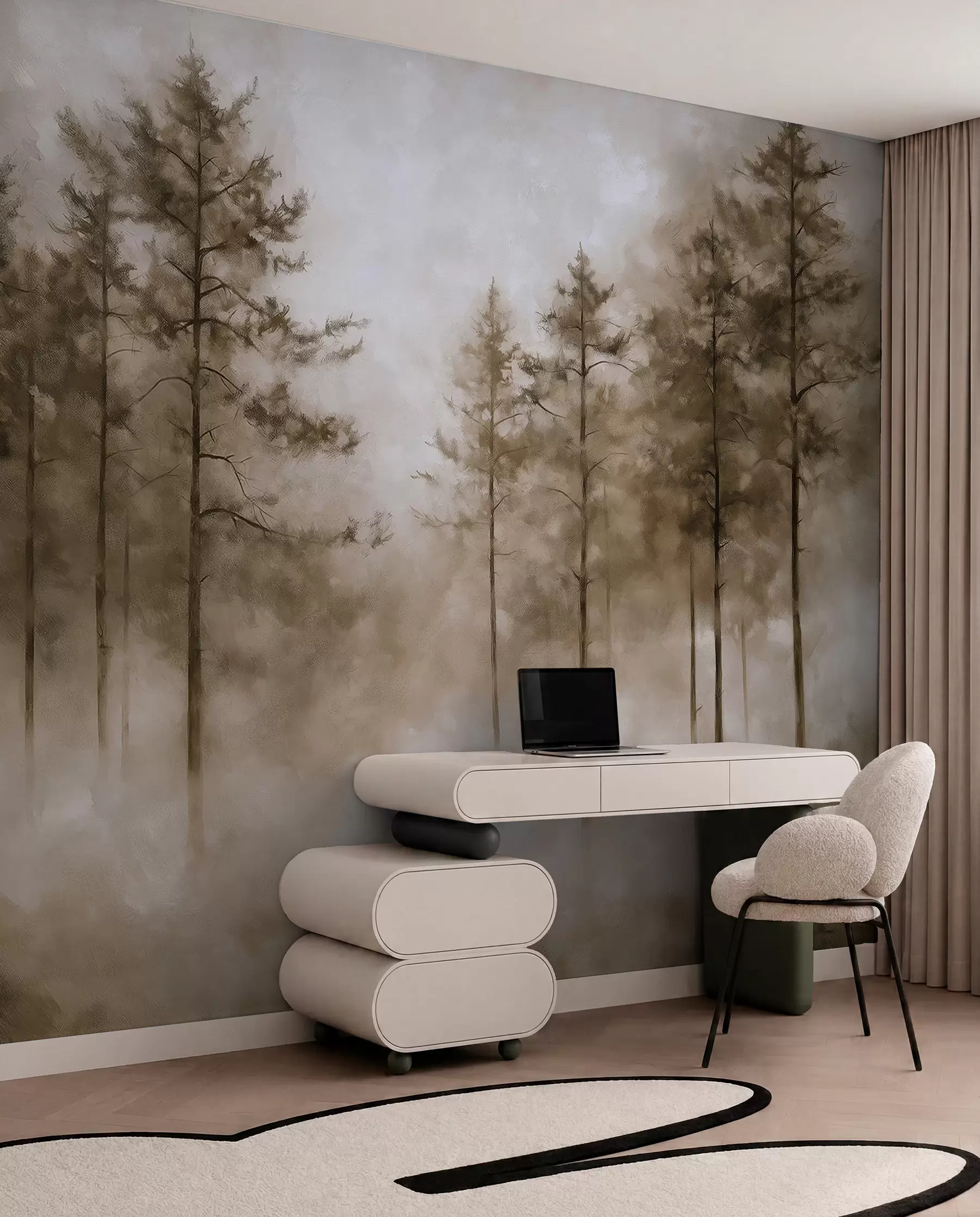 murales de pared Bosque místico, pinos, niebla, pintura acrílica, colores beige w02149v1