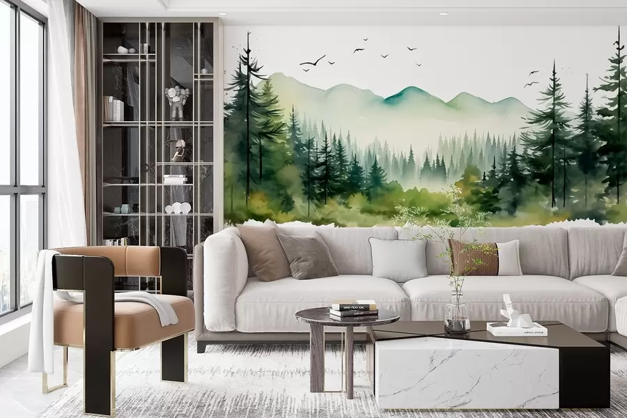 murales de pared Paisajes de bosque y montaña en acuarela, paleta de colores verdes  w02150