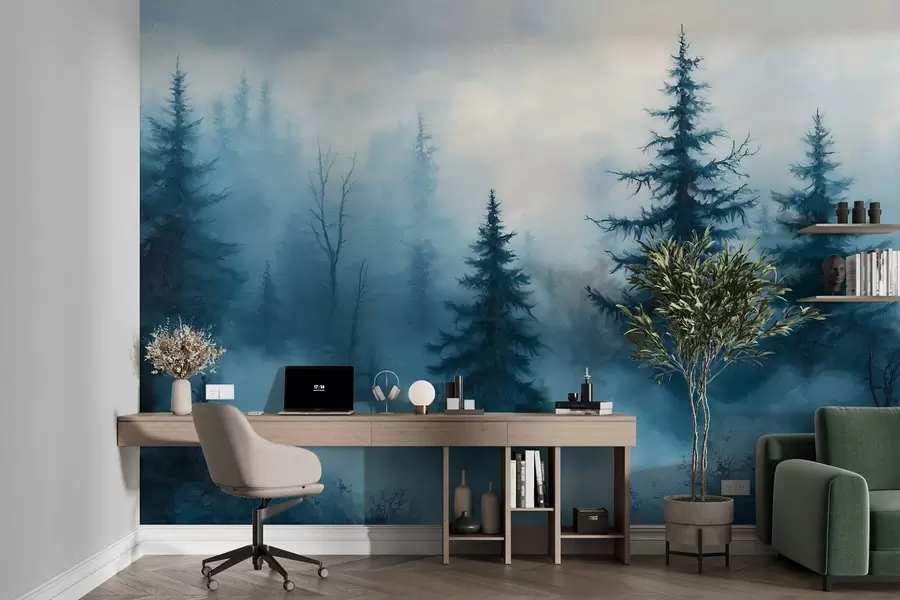 murales de pared Bosque azul oscuro, pintura al óleo, pinceladas, naturaleza w02153