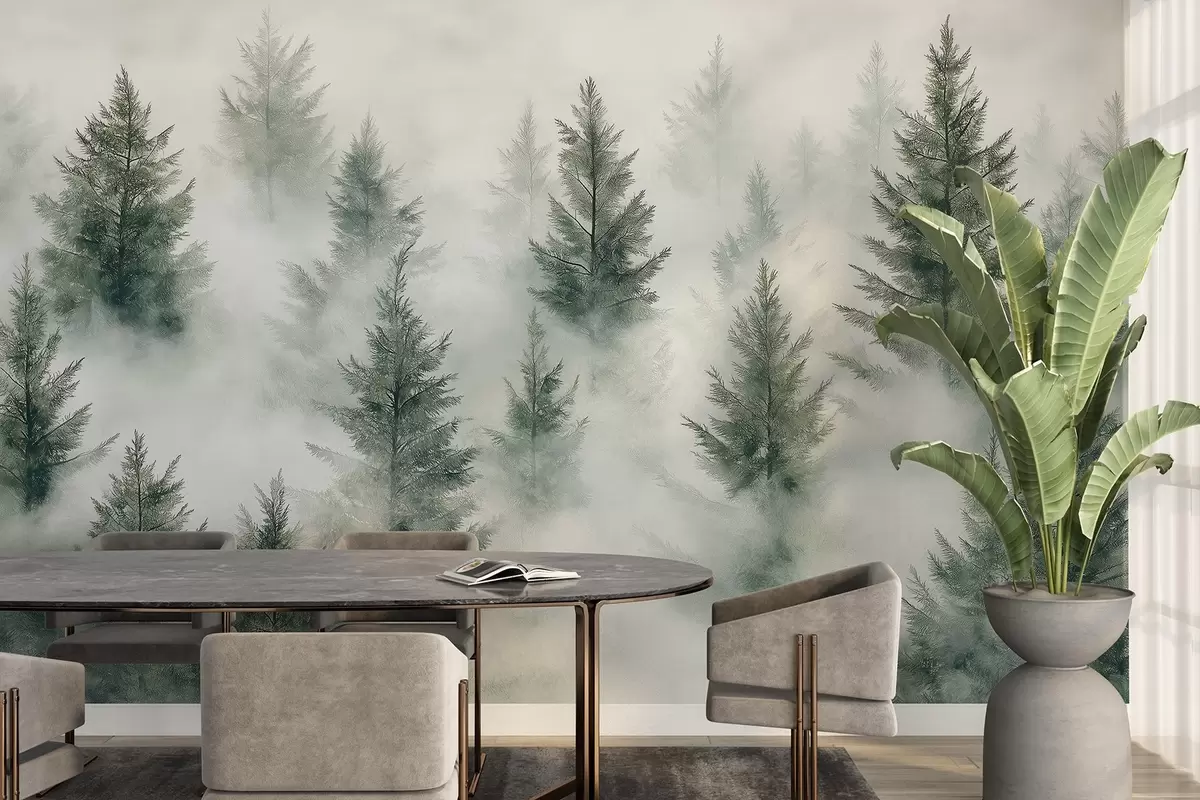 murales de pared Hermoso bosque con pinos, niebla, paisajes de naturaleza, colores verdes w02222