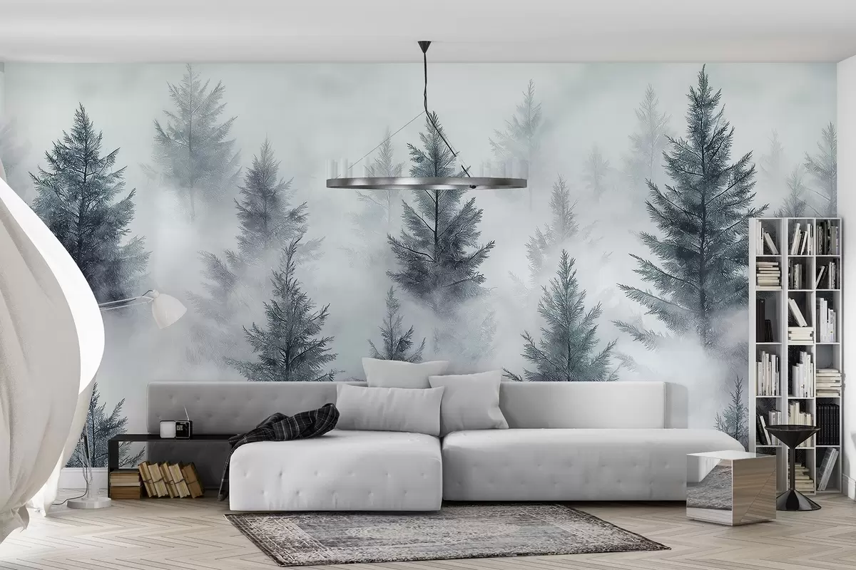 murales de pared Hermoso bosque con pinos, niebla, paisajes de naturaleza, colores grises w02222v2