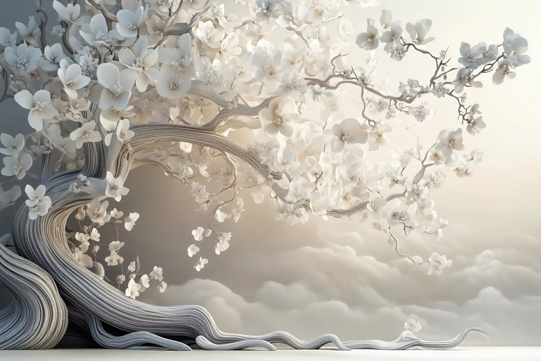 murales de pared Un árbol encantador con flores blancas contra el fondo de nubes en un estilo interesante en delicados colores cálidos w02133