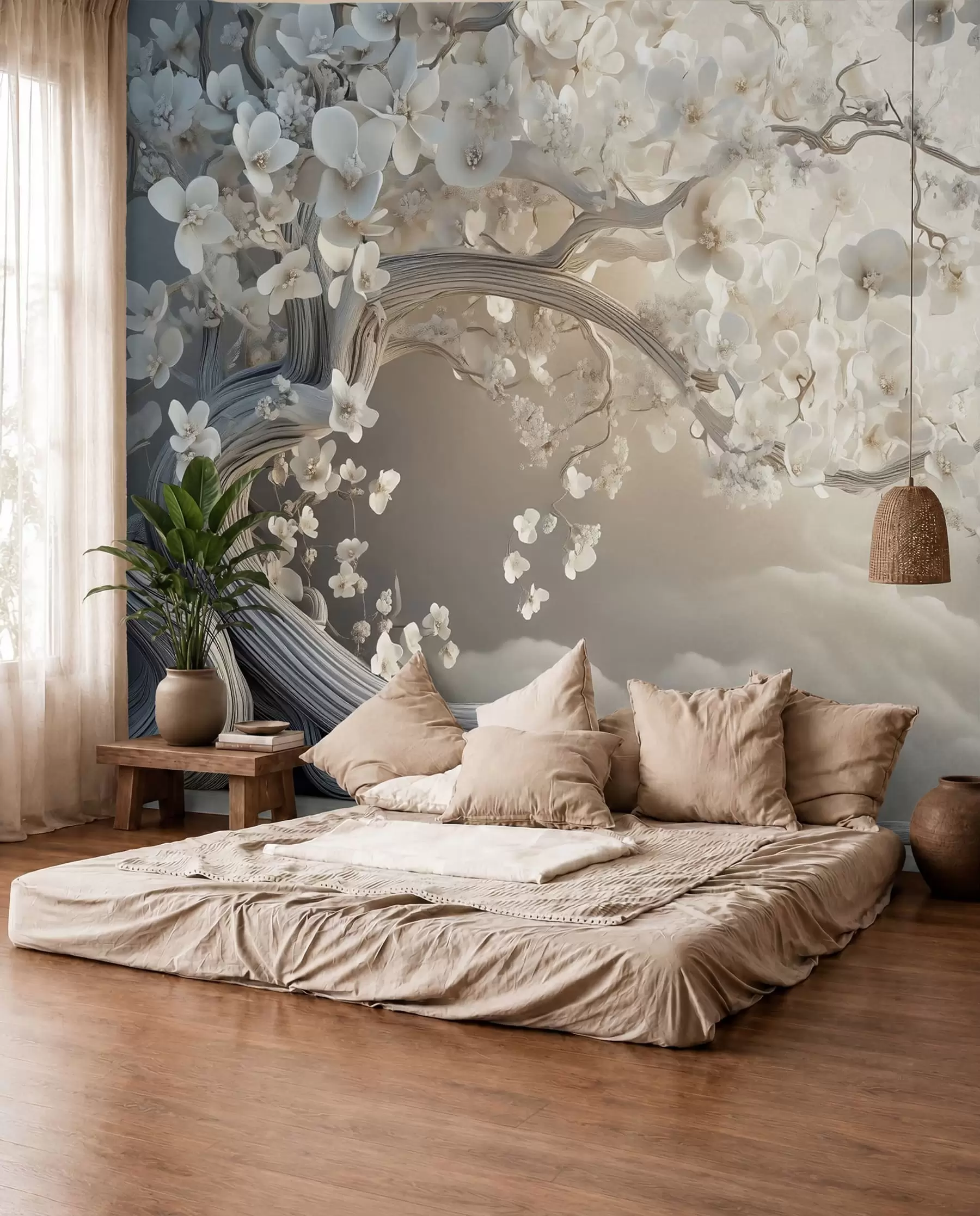 murales de pared Un árbol encantador con flores blancas contra el fondo de nubes en un estilo interesante en delicados colores cálidos w02133