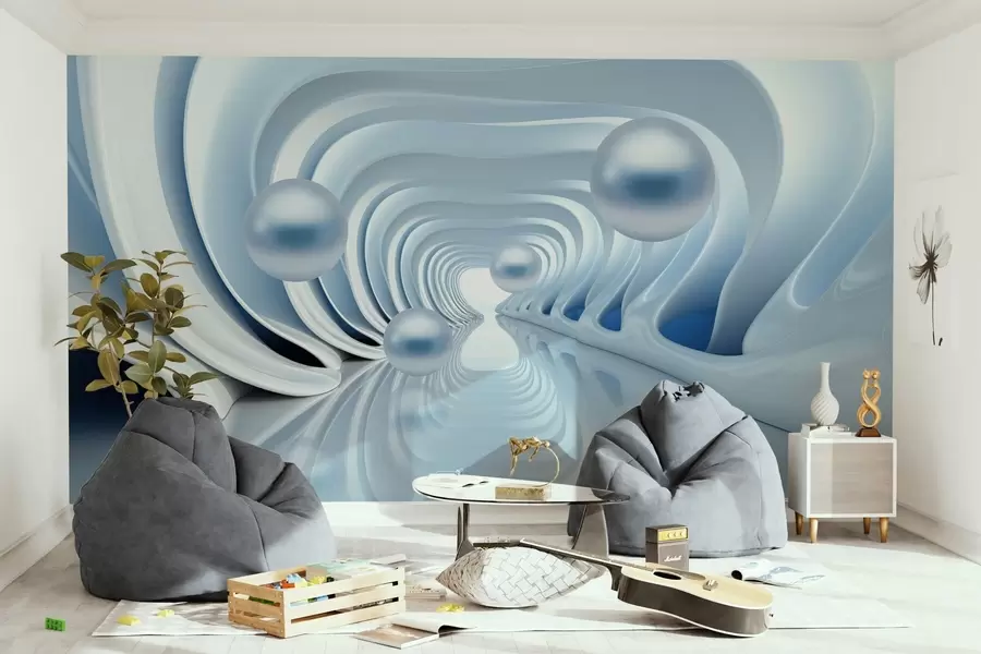 murales de pared Papel pintado futurista con una panorámica del túnel en perspectiva y perlas voladoras w02134