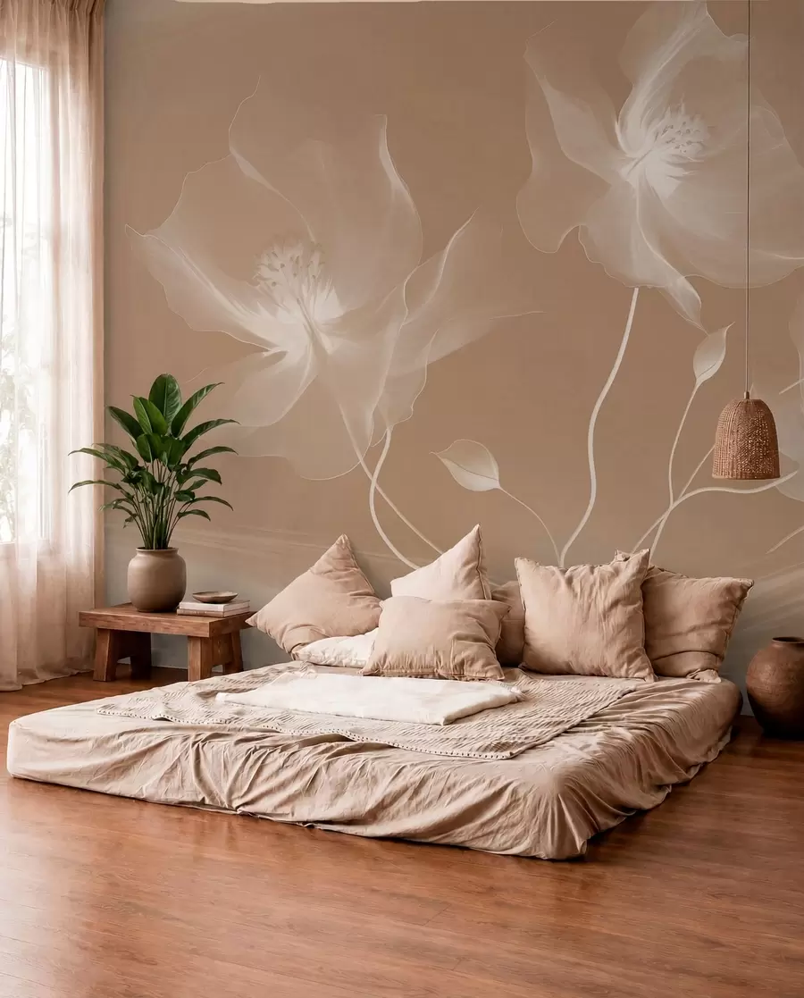 murales de pared Tres graciosas flores de pétalos translúcidos, entrelazadas con cintas de luz y viento en sepia w01932v1