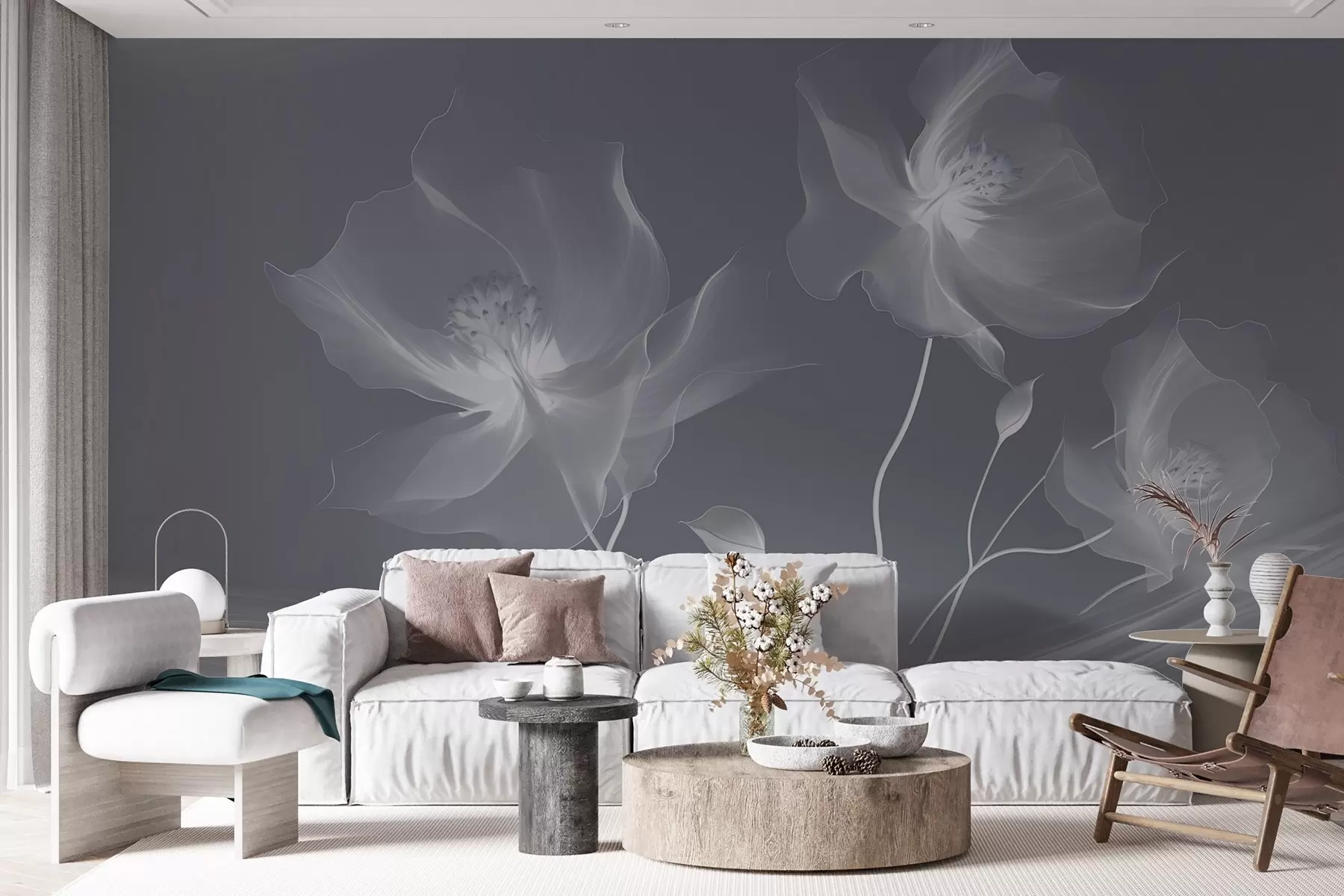 murales de pared Tres gráciles flores de pétalos translúcidos, entrelazadas con cintas de luz y viento en tonos azules w01932v2