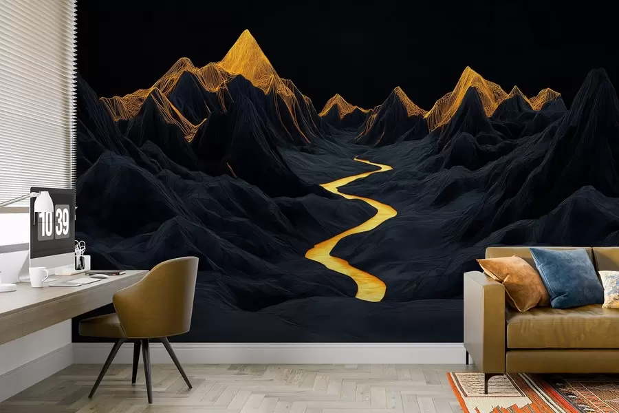 murales de pared Paisaje poligonal negro y un río entre las montañas w02063
