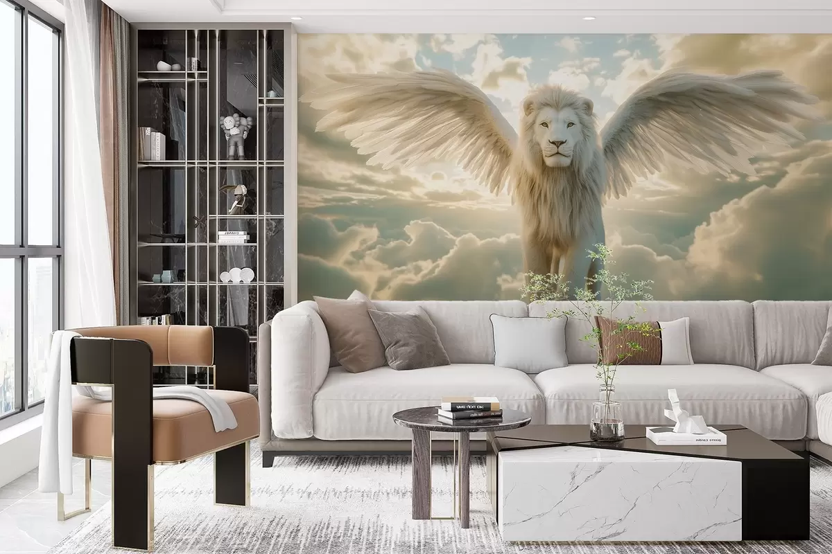 murales de pared Majestuoso león blanco con una hermosa y exuberante melena blanca y alas contra el cielo w02144