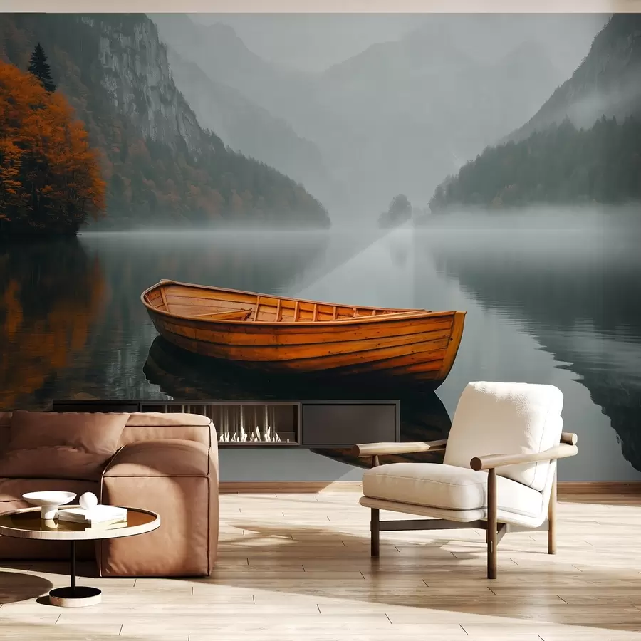 murales de pared Un barco de madera flota en un lago, rodeado de espesa niebla y montañas detrás w02195