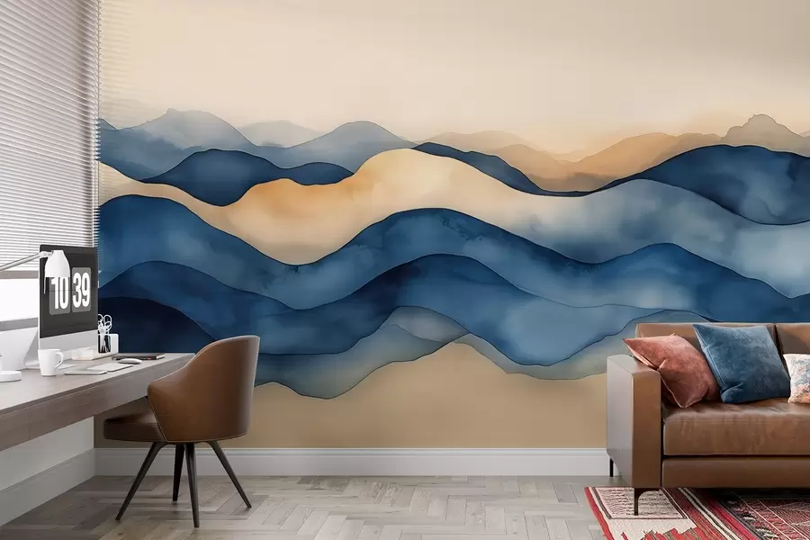 murales de pared Ondas abstractas azul-beige que recuerdan a montañas w02196