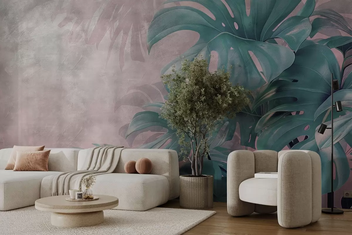 murales de pared Grandes hojas de monstera sobre un delicado fondo rosa w01901