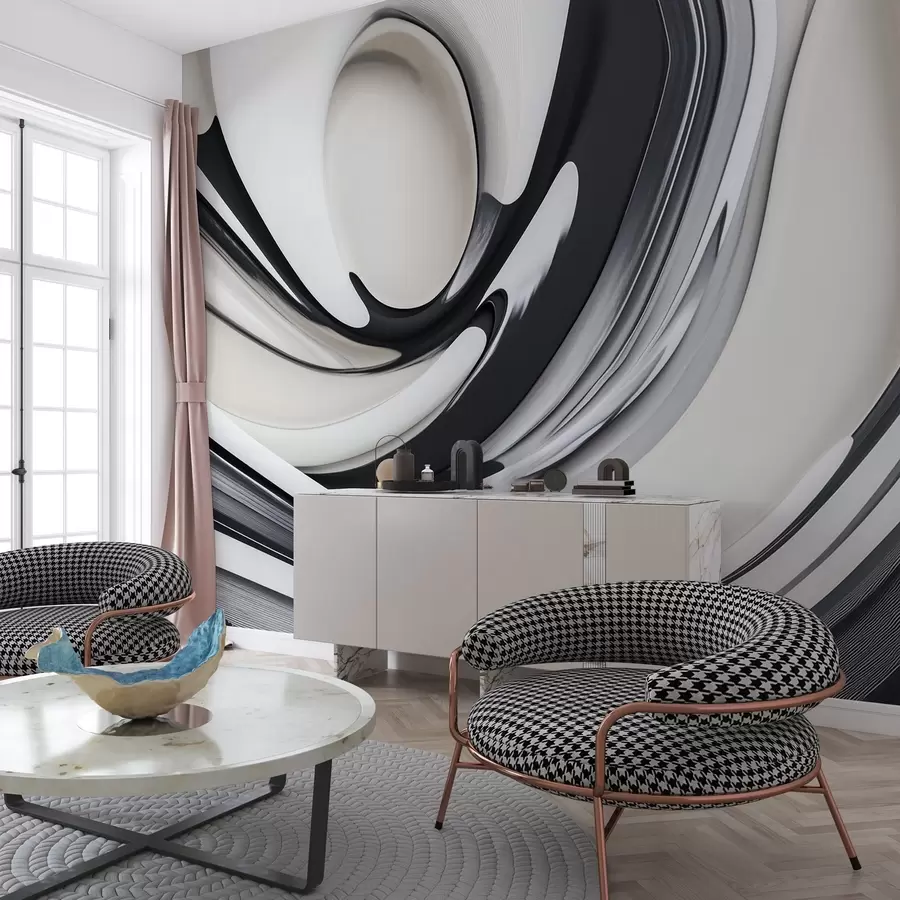 murales de pared Forma abstracta 3D fluida sobre fondo blanco y negro  w02236