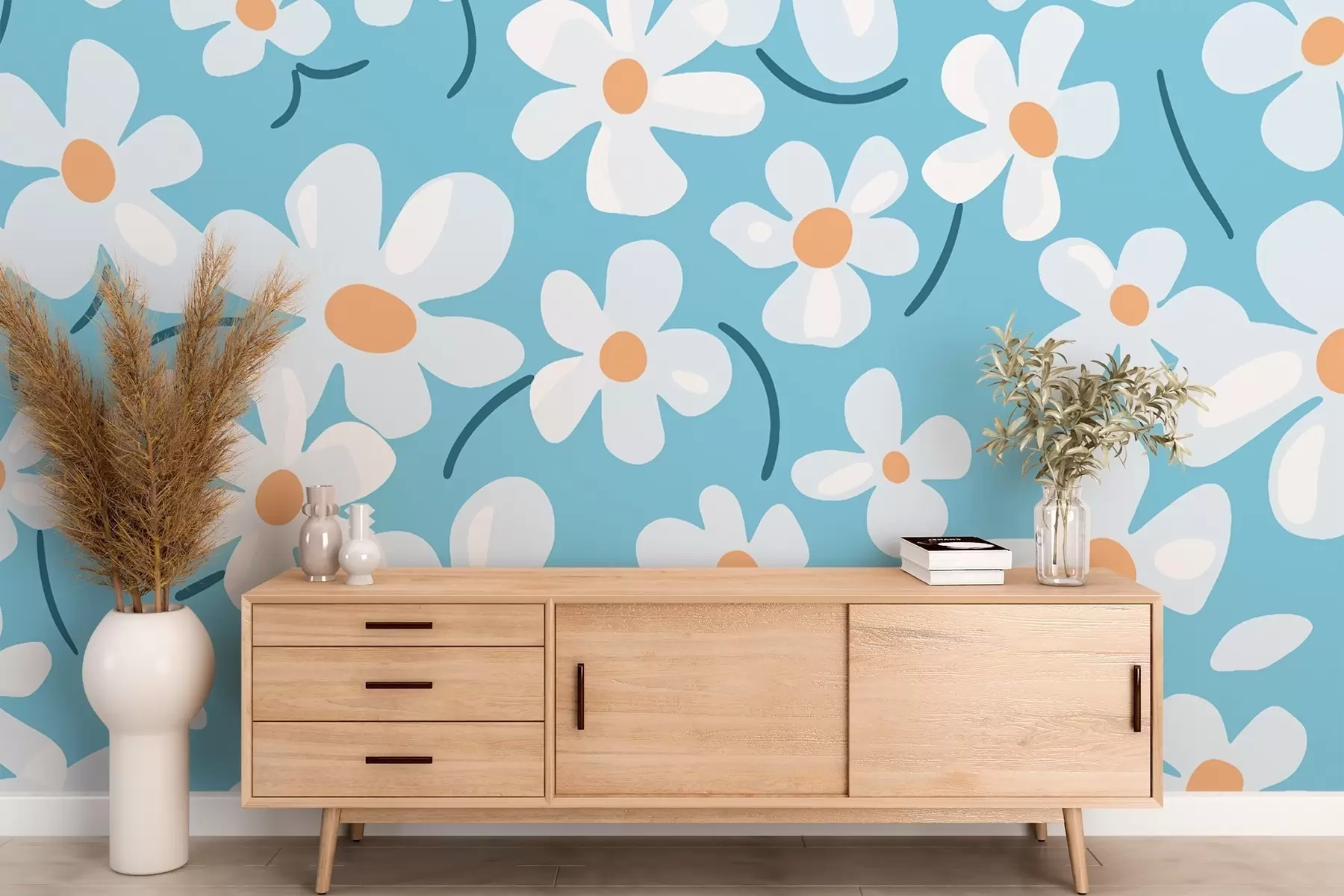 murales de pared Margaritas sobre fondo azul w02216