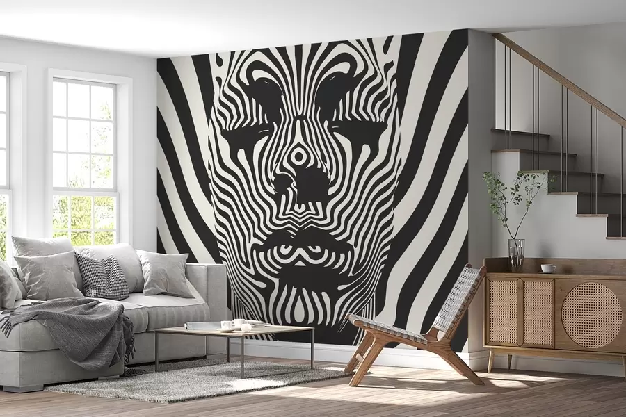 murales de pared Op art estilo enrejado con la cara abstracta, líneas onduladas sobre fondo de color claro w02285