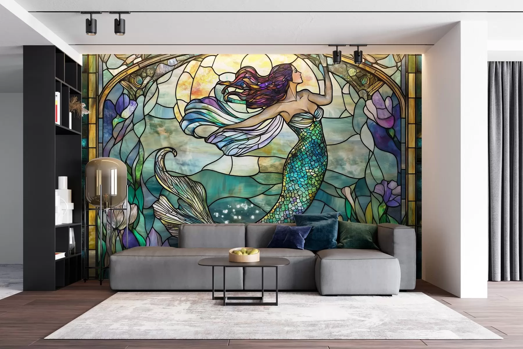 murales de pared Papel pintado de estilo vidriera con la imagen de una sirena mágica w02286