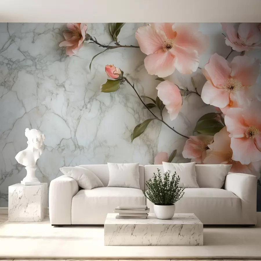 murales de pared Delicadas flores sobre fondo de imitación de mármol w02291