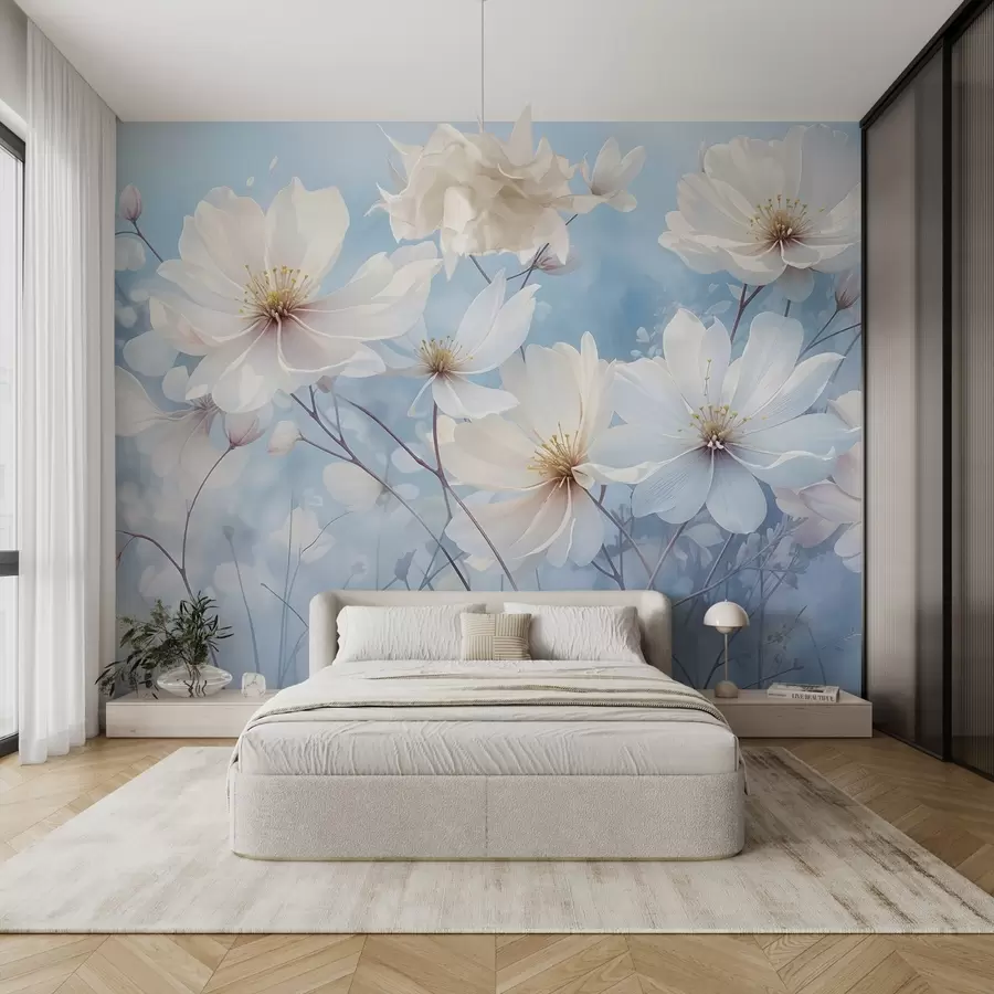 murales de pared Delicadas flores blancas con suaves pétalos sobre un fondo azul difuminado, que crean una atmósfera serena y etérea w08412