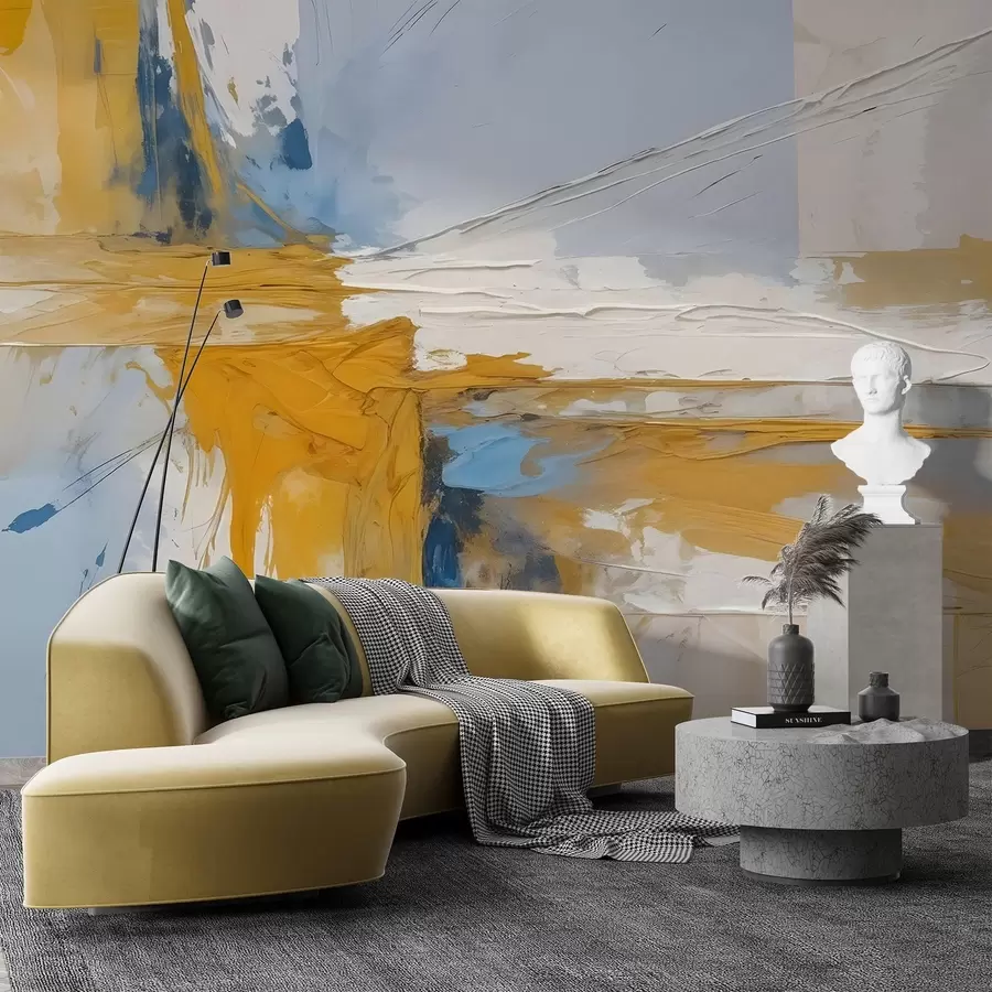 murales de pared Composición minimalista de arte abstracto con atrevidas pinceladas de pintura amarilla, azul y blanca  w08414