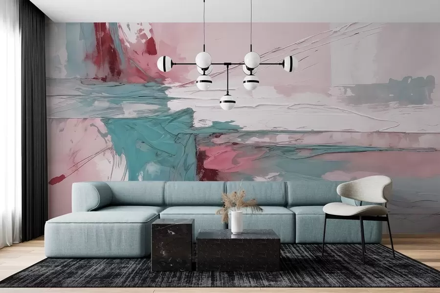 murales de pared Composición minimalista de arte abstracto con atrevidas pinceladas de pintura rosa, azul y blanca  w08414v1