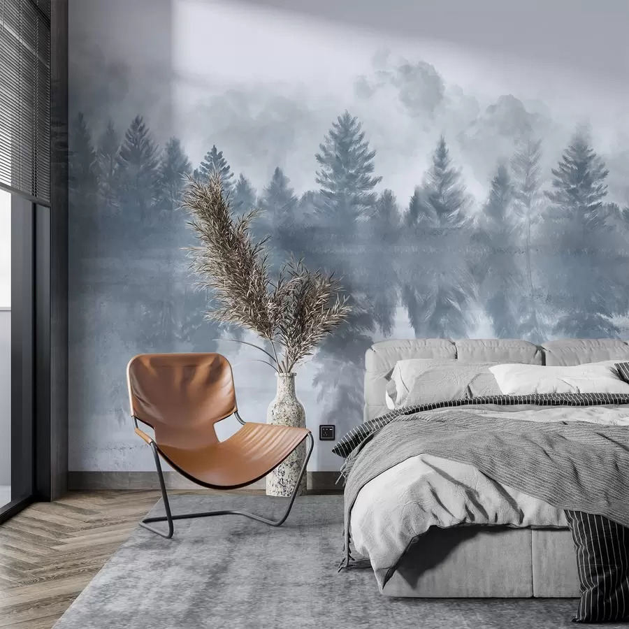 murales de pared Un paisaje sereno con un lago helado rodeado de un denso pinar, con una atmósfera brumosa y neblinosa w08415