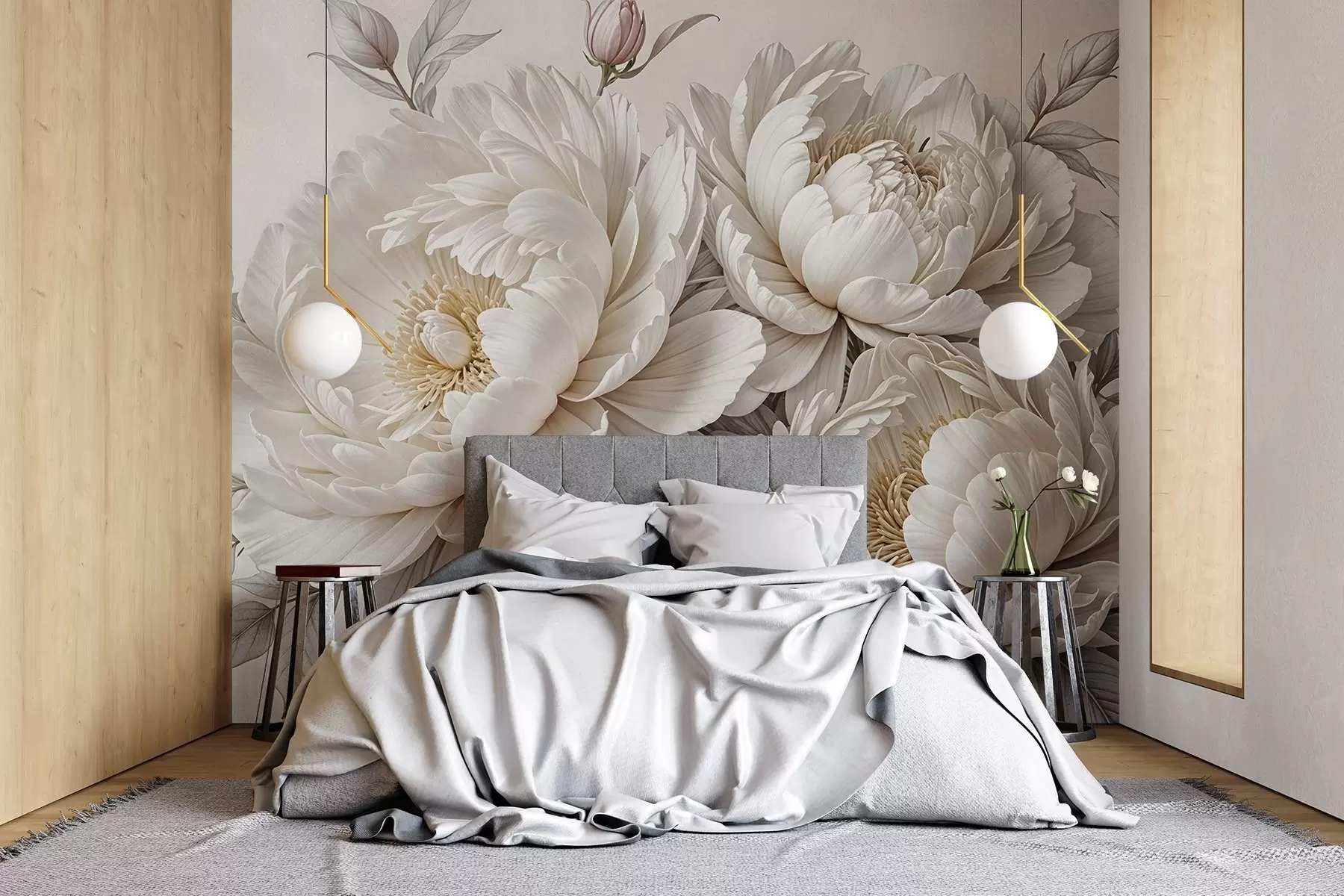 murales de pared Delicadas peonías blancas pastel con exuberante follaje sobre un fondo suave y neutro w08420