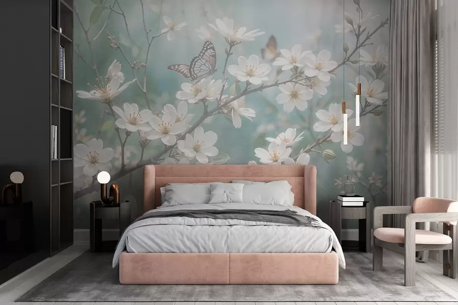 murales de pared Una mariposa blanca sobre una rama con delicadas flores blancas de cerezo en primer plano sobre un fondo difuminado w08421