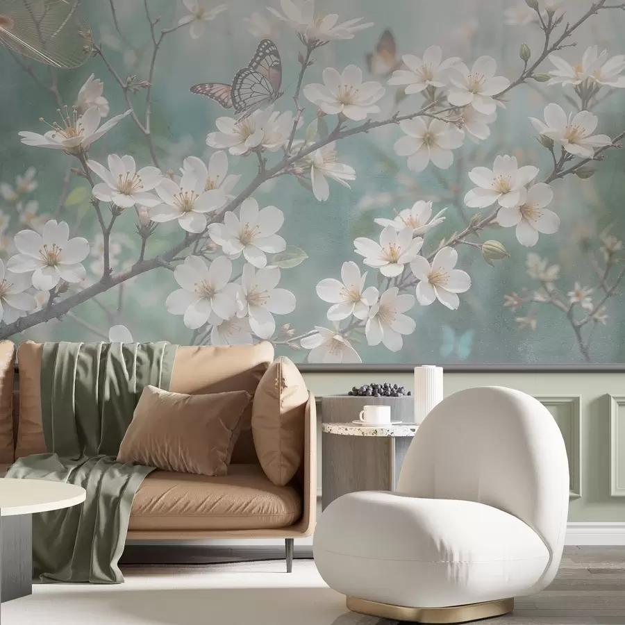 murales de pared Una mariposa blanca sobre una rama con delicadas flores blancas de cerezo en primer plano sobre un fondo difuminado w08421